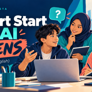 Smart Start with AI: Teens (in English) — three teenagers learning thoughtfully with AI.