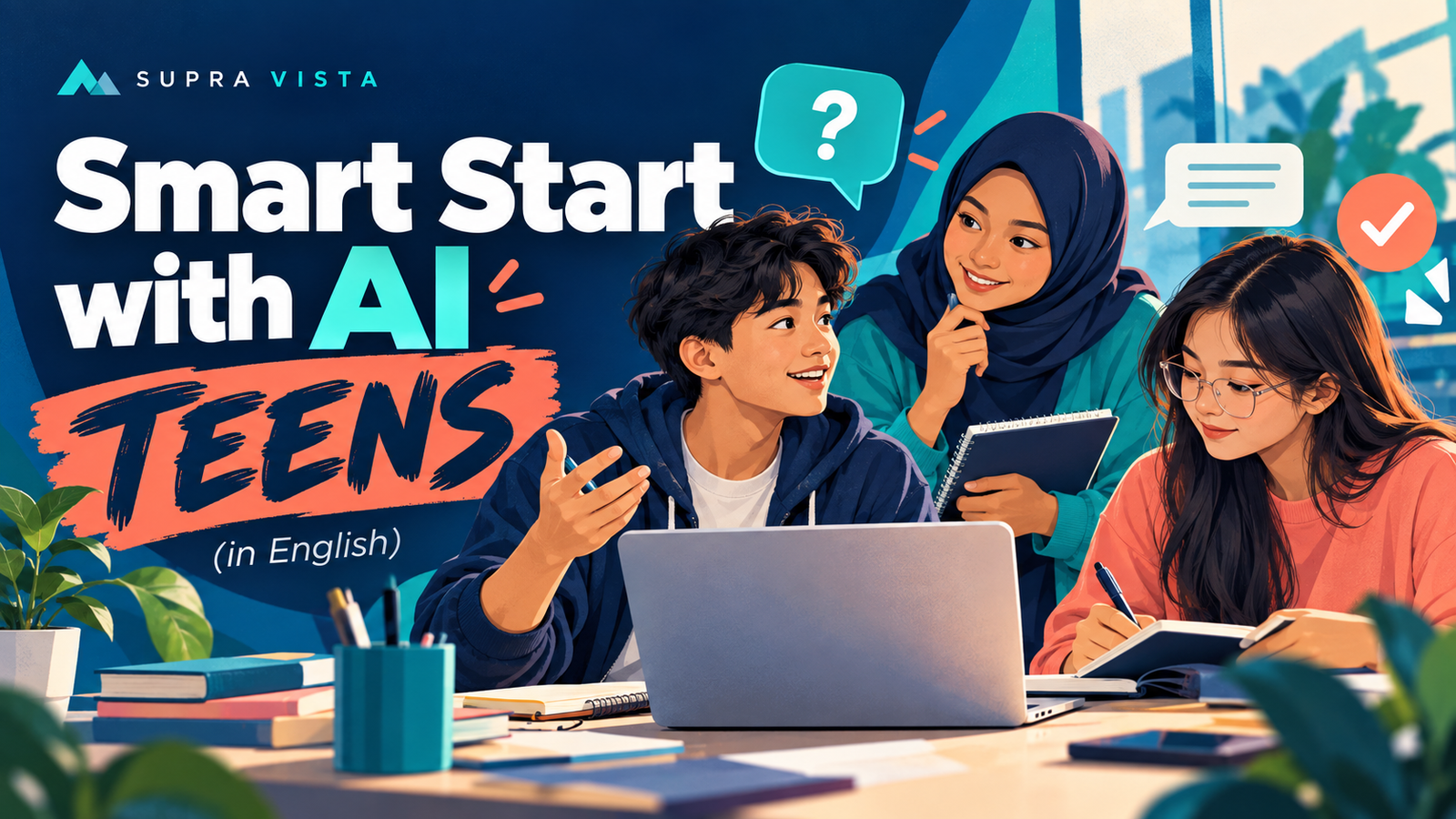 Smart Start with AI: Teens (in English) — three teenagers learning thoughtfully with AI.